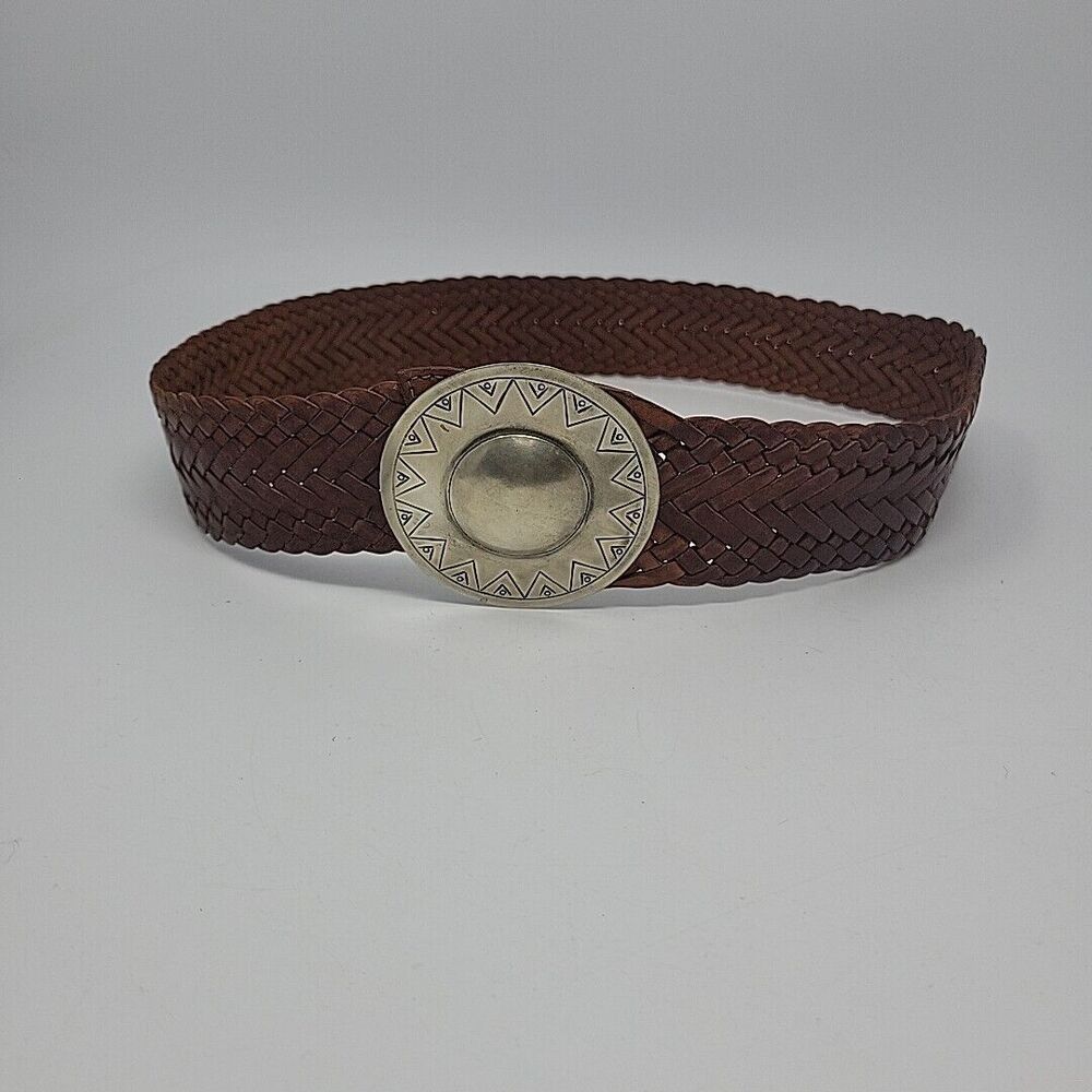 Elegant Brown Braided Belt with Decorative Silver Buckle
